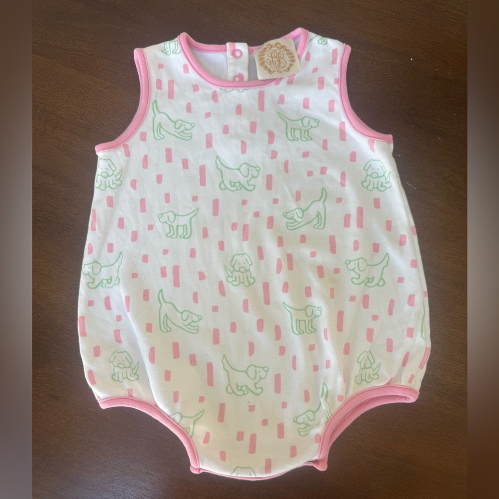 The Beaufort Bonnet Company Pink and Green Dog Print Romper